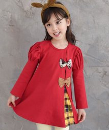 子供服Bee(子供服Bee)/リボンモチーフチェック無地ワンピース/ワイン