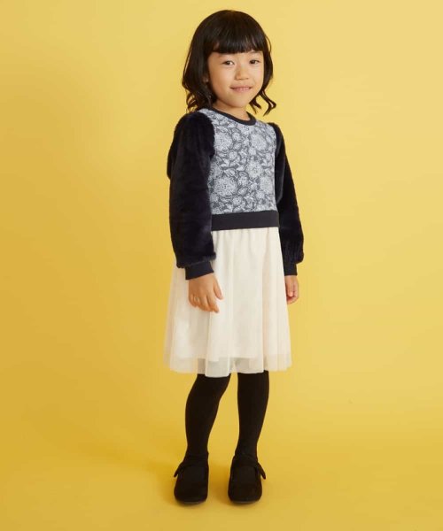 a.v.v(KID'S)(アー・ヴェ・ヴェキッズ)/[100－130]フェイクファースリーブチュールドッキングワンピース[WEB限定サイズ]/ネイビー