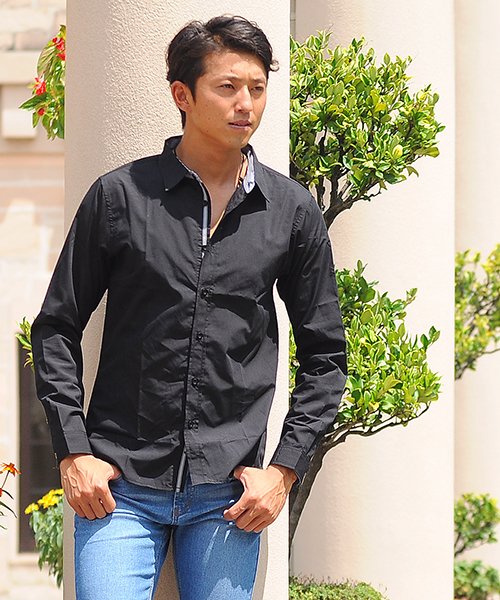 SPADE(スペイド)/シャツ メンズ Men's 長袖 ブロード テープ チェック 無地  白シャツ ネイビー 黒 shirt シャツ シンプル プレーン きれいめ 秋 秋服 新作ト/ブラック