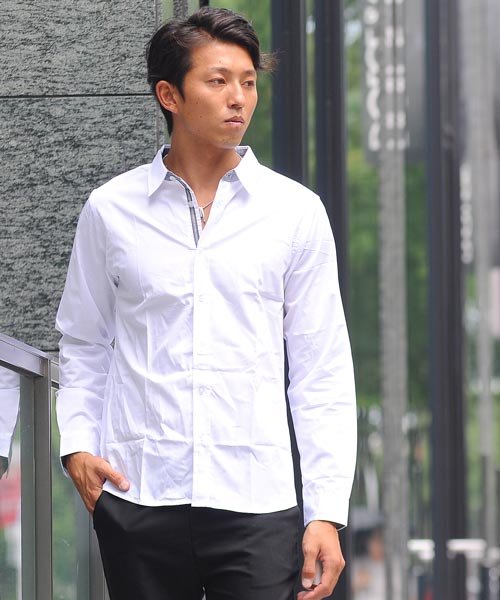 シャツ メンズ Men S 長袖 ブロード テープ チェック 無地 白シャツ ネイビー 黒 Shirt シャツ シンプル プレーン きれいめ 秋 秋服 新作ト スペイド Spade Magaseek