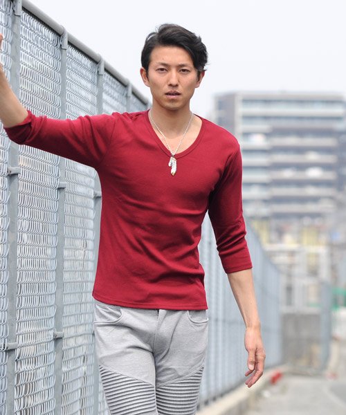 Tシャツ 7分袖 七分袖 長袖 メンズ 秋服 秋 選べる4パターン ティーシャツ Vネック Uネック ロングtシャツ無地 プレーン きれいめ インナー 学 スペイド Spade Magaseek