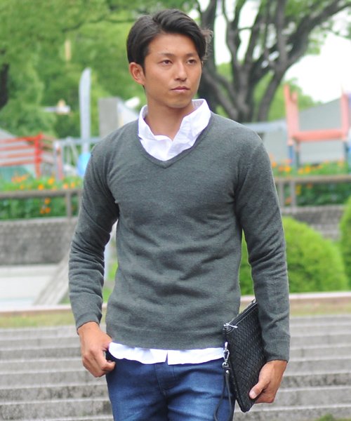 SPADE(スペイド)/ニットknitメンズMen's無地カットソーカシミアタッチVネックニットソーセーターsweaterスエーターきれいめブラックグレー/チャコールグレー