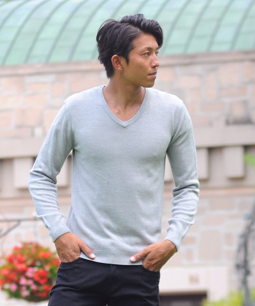 SPADE(スペイド)/ニットknitメンズMen's無地カットソーカシミアタッチVネックニットソーセーターsweaterスエーターきれいめブラックグレー/グレー