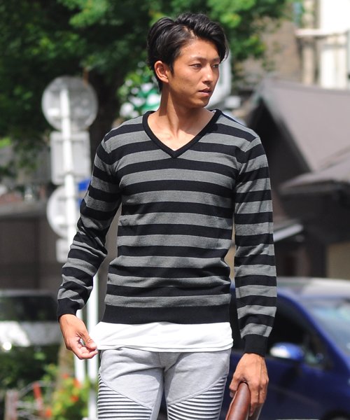 ニットknitメンズmen S無地カットソーカシミアタッチvネックニットソーセーターsweaterスエーターきれいめブラックグレー スペイド Spade Magaseek