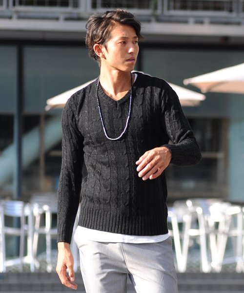 セーター ニット メンズ ケーブル ローゲージ 5ゲージ ざっくり クルーネック Uネック Vネック ニットソー セーター きれいめ ブラック グレー 白 ホ スペイド Spade Magaseek