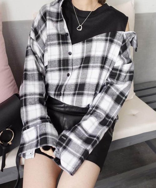 チェック柄シャツ 肩出し レディース レイヤードシャツ ブラウス チェック ミニミニストア Miniministore Magaseek