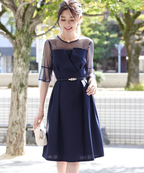 セール 結婚式 パーティー 二次会 リボンベルト付きドットチュール切替ビスチェドレス ブルーイースト Blueeast Magaseek