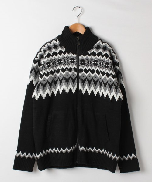 MARUKAWA(大きいサイズのマルカワ)/大きいサイズ 裏ボア セーター 編み柄 フルジップ/ブラック