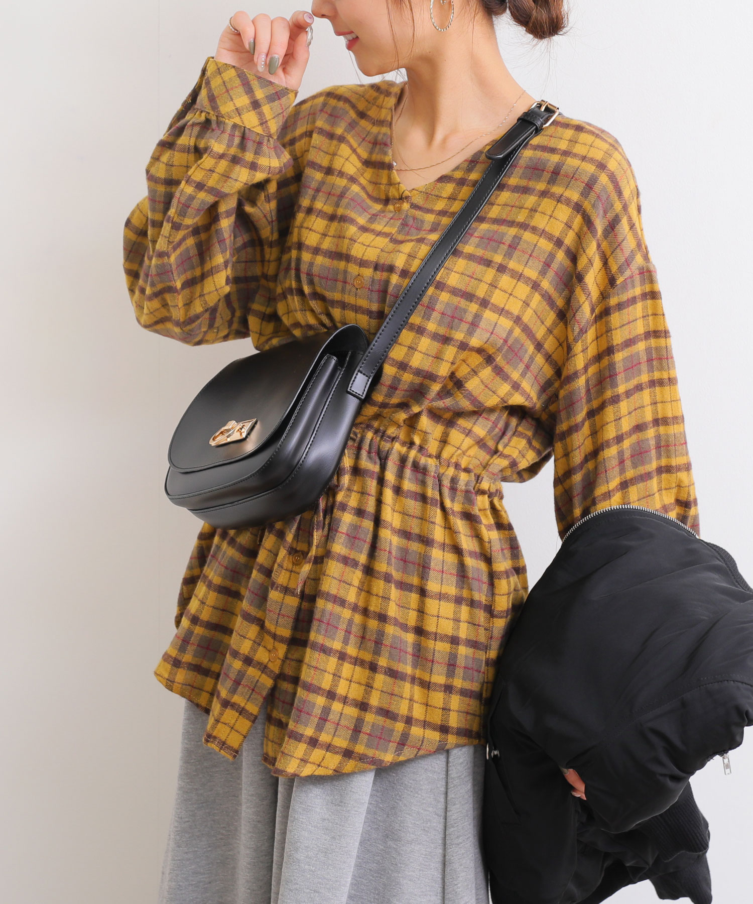 チェック柄 シャツ ブラウス ビエラチェック ボリューム袖 トップス
