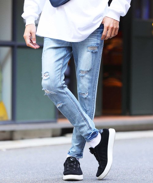 セール スーパー ストレッチデニム アンクル クラッシュ パンツ
