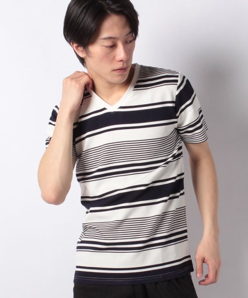 MARUKAWA(マルカワ)/リップルボーダー Vネック 半袖Tシャツ/柄2