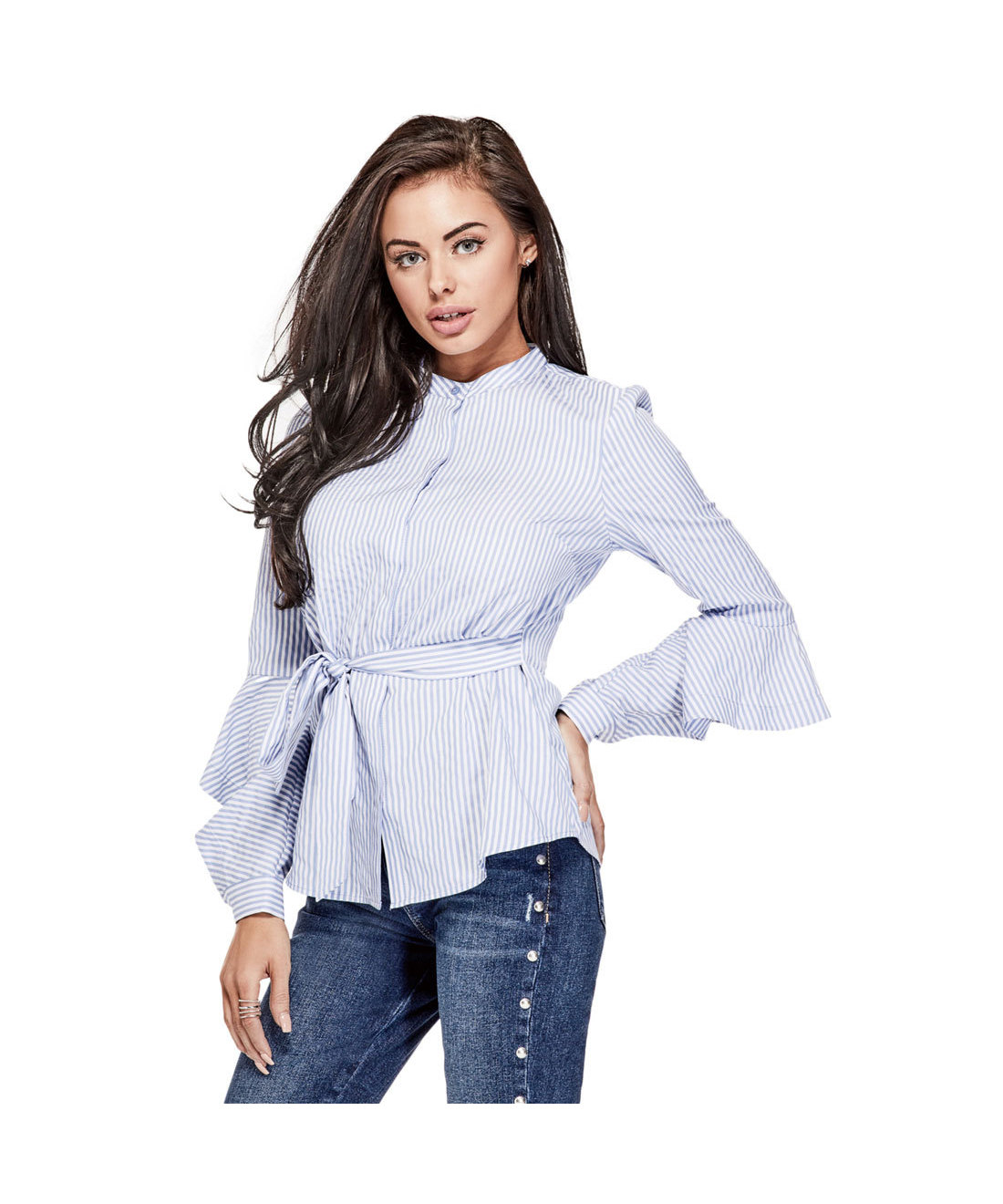 blue and white striped guess shirt