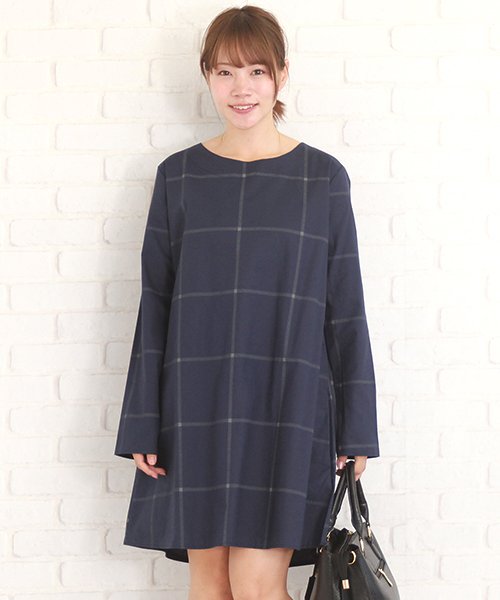 チェック柄長袖ワンピースレディース ゆったり 体系カバーaライン 春服 アミュレット Amulet Magaseek