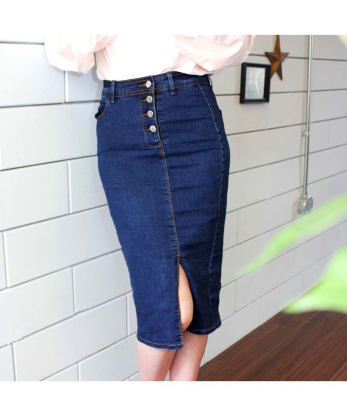 セール 着やせ デニムスカート レディース フロントボタン タイトスカート ひざ下 スリット スカート 細見え デニム ミニミニストア Miniministore Magaseek