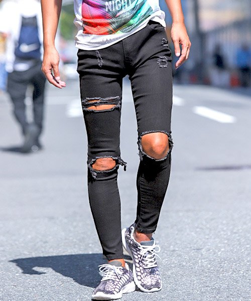 デニム スキニー パンツ メンズ ハード ダメージ クラッシュ ストレッチ Bitter ビター系 クラッシュダメージストレッチスキニーデニムパンツ デニムパン ラグスタイル Luxstyle Magaseek