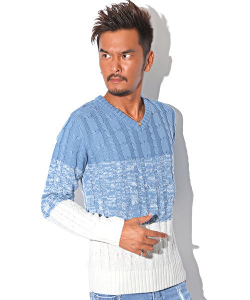 セール Bitter ニット メンズ Vネック セーター ケーブルニット 秋 冬 ケーブル編みvネックニットソー ケーブル編み ニットソー ざっくり ボーダーニット ラグスタイル Luxstyle Magaseek