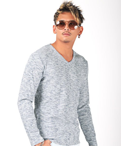 セール ランダムテレコ リブ杢vネックカットソー ロンt メンズ 長袖tシャツ テレコ Vネック ラグスタイル Luxstyle Magaseek