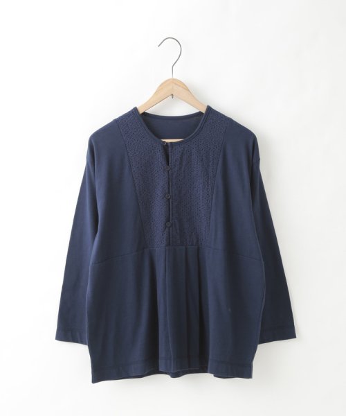 coen(coen)/レース7分袖フロントタックカットソー/NAVY