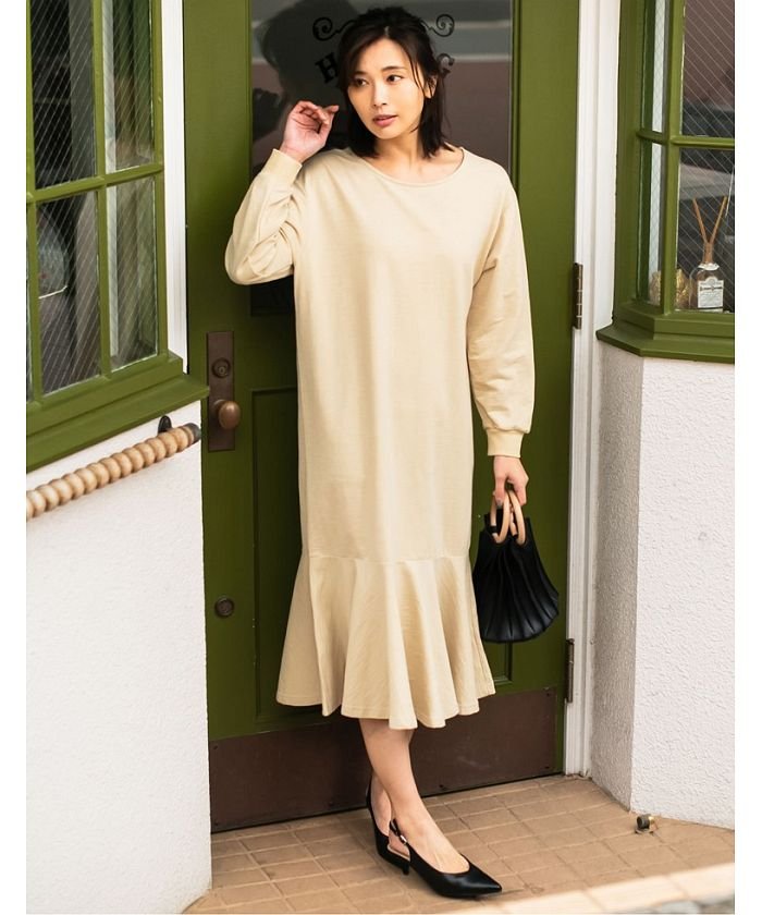 裏毛クルーネック裾フリル長袖ワンピース リエディ Re Edit Magaseek