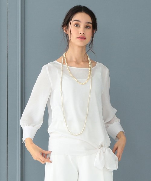 NARA CAMICIE(ナラカミーチェ)/ドットジャカード裾リボン七分袖ブラウス/ホワイト