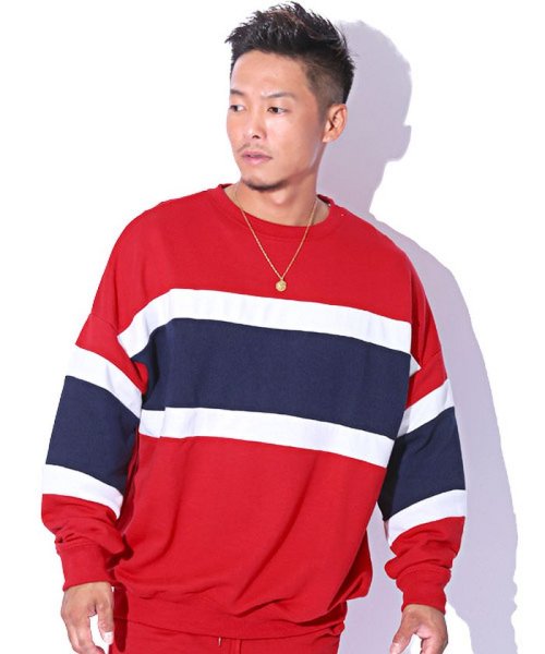 セール ラグスタイル Luxstyle トレーナー メンズ スウェット ライン ボーダー ストリート カラー切り替えトレーナー ボトムス別売り プルオーバー スエット ミニ裏毛 ビッグシルエット Magaseek