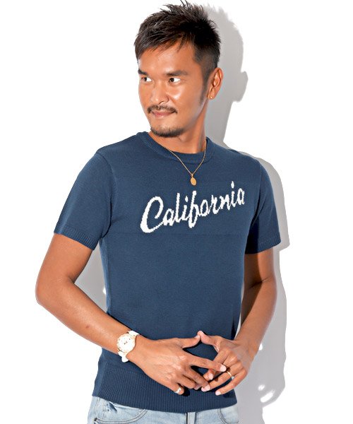 LUXSTYLE(ラグスタイル)/サマーニット メンズ ニット 半袖 CALIFORNIA カリフォルニア サーフ SURF 夏 BITTER ビター系【CALIFORNIAクルーネック半袖サマ/ネイビー