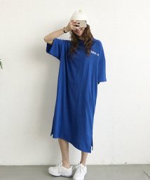 NANING9(ナンニング)/NANING9(ナンニング)バックプリントTシャツワンピース－1 Tシャツ ワンピース ロング丈 ルーズ ゆったり 体系カバー/ブルー