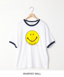 coen(coen)/スマイルプリントリンガーTシャツ/WHITE