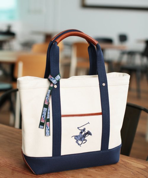 BEVERLY HILLS POLO CLUB(ビバリーヒルズポロクラブ)/BEVERLY HILLS POLO CLUB キャンバストートバッグL/アイボリー×ネイビー