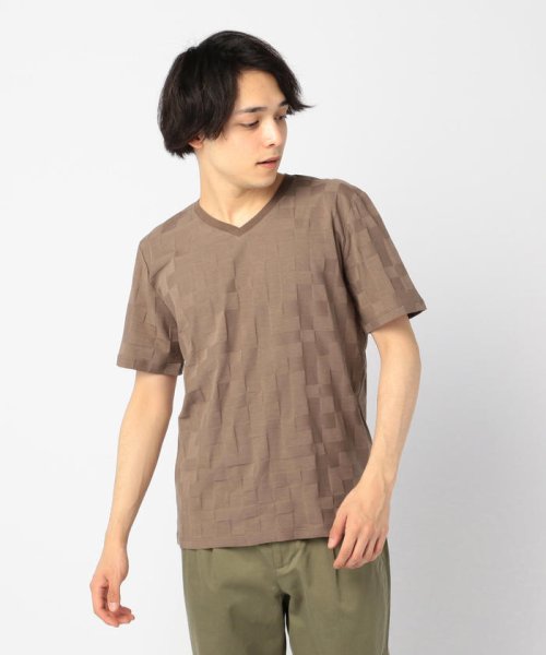 GLOSTER(GLOSTER)/リンクス幾何学VネックTシャツ/カーキ