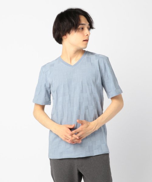 GLOSTER(GLOSTER)/リンクス幾何学VネックTシャツ/グレイッシュブルー