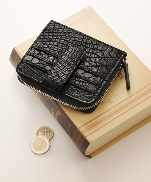 sankyoshokai(サンキョウショウカイ)/クロコダイル 折り財布 ラウンド ファスナー/ブラック