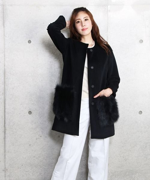 ウールコート レディース ノーカラー フォックスファー ポケット付き サンキョウショウカイ Sankyoshokai Magaseek