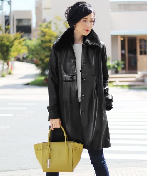 レザーコート レディース シープスキン ラム フォックス衿付き 毛皮 サンキョウショウカイ Sankyoshokai Magaseek