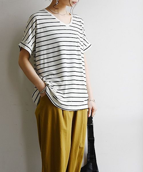 もちもちストレッチvネックカットソー M L Tシャツ レディース 半袖 カットソー 夏服 Tシャツ 夏 ボーダー Vネック インナー シンプル ストレッチ アンドイット And It Magaseek