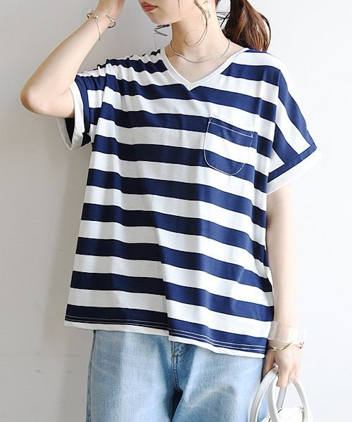 セール もちもちストレッチvネックカットソー M L Tシャツ レディース 半袖 カットソー 夏服 Tシャツ 夏 ボーダー Vネック インナー シンプル ストレッチ アンドイット And It Magaseek