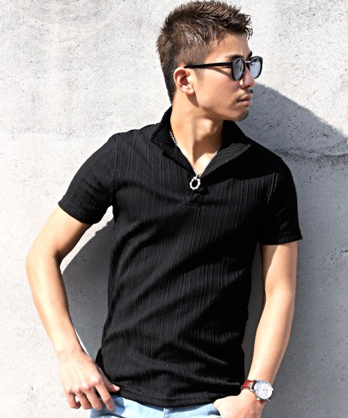 LUXSTYLE(ラグスタイル)/ランダムテレコリブイタリアンカラー半袖ポロシャツ/ブラック
