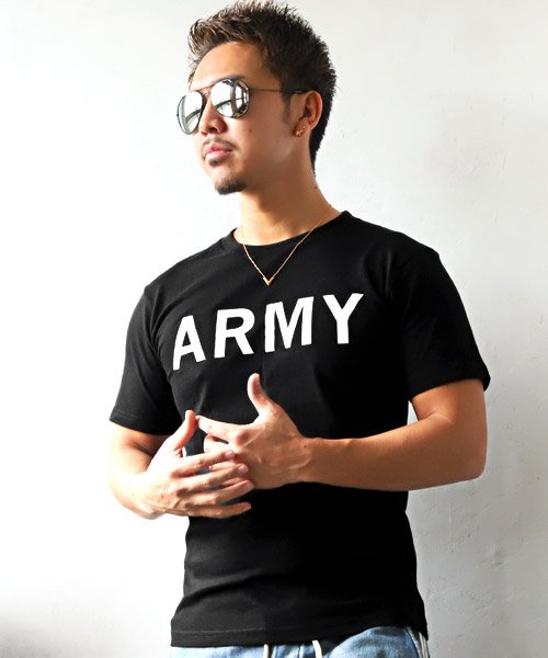 LUXSTYLE(ラグスタイル)/ARMYロゴプリント半袖Tシャツ/ブラック