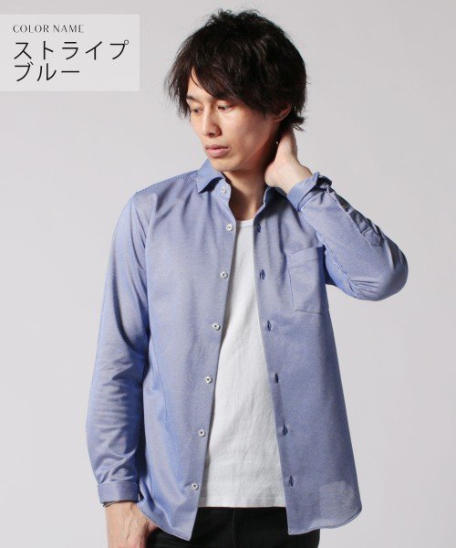 THE CASUAL(ザ　カジュアル)/(バイヤーズセレクト) Buyer's Select 日本製ニットピケストライプホリゾンタルカラー長袖カットシャツ/ブルー