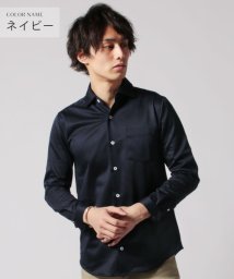 THE CASUAL(ザ　カジュアル)/(バイヤーズセレクト) Buyer's Select 日本製ニットピケストライプホリゾンタルカラー長袖カットシャツ/ネイビー系1