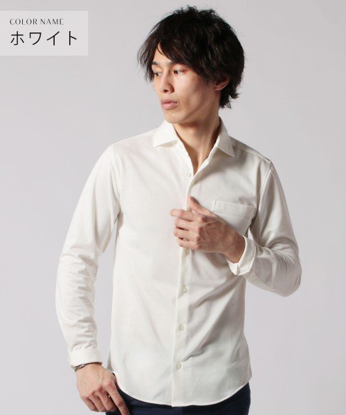 THE CASUAL(ザ　カジュアル)/(バイヤーズセレクト) Buyer's Select 日本製ニットピケストライプホリゾンタルカラー長袖カットシャツ/ホワイト