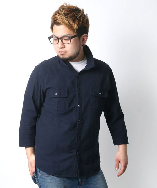 MARUKAWA(大きいサイズのマルカワ)/大きいサイズ 7分袖 シャツ ワイヤー入り スタンド衿/ネイビー