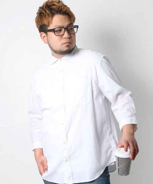 MARUKAWA(大きいサイズのマルカワ)/大きいサイズ 7分袖 シャツ 麻混 無地/ホワイト