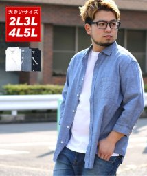 MARUKAWA(大きいサイズのマルカワ)/大きいサイズ 7分袖 シャツ 麻混 無地/ブルー