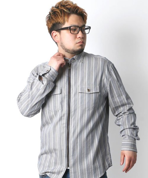 MARUKAWA(大きいサイズのマルカワ)/大きいサイズ 長袖 フル ジップ シャツ ストライプ/ブルー