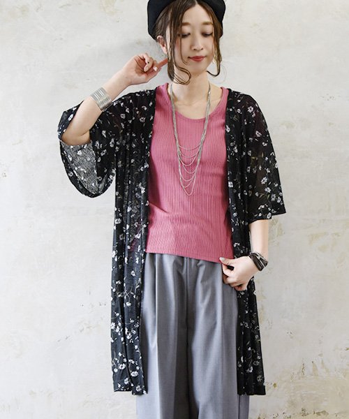 透かしスラブ小花柄デザイン大人ロングトッパーカーディガン M L 春物 カーディガン ロングカーディガン レディース 花柄 トッパー カーデ 羽織り ロング アンドイット And It Magaseek