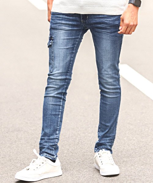 ストレッチデニム片サイドカーゴパンツカーゴパンツ スキニー デニム ストレッチ ポケット 細身 ラグスタイル Luxstyle Magaseek