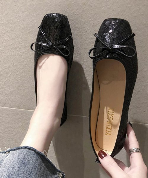 パンプス レディース リボン 靴 キラキラ ローヒール フラットシューズ おしゃれ 即納 ミニミニストア Miniministore Magaseek