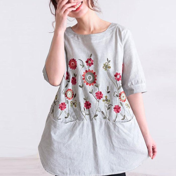 花刺繍の5分袖チュニックワンピース サワアラモード Sawa A La Mode Magaseek