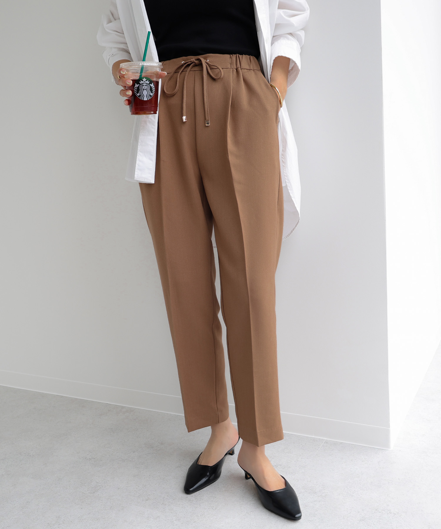 セール】きれいめツイル美脚ウエストドローストリングテーパードパンツ